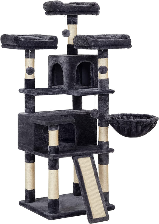 Smoky Gray Cat Tree – Large Tower with Scratching Posts, 2 Caves, and 3 Plush Perches