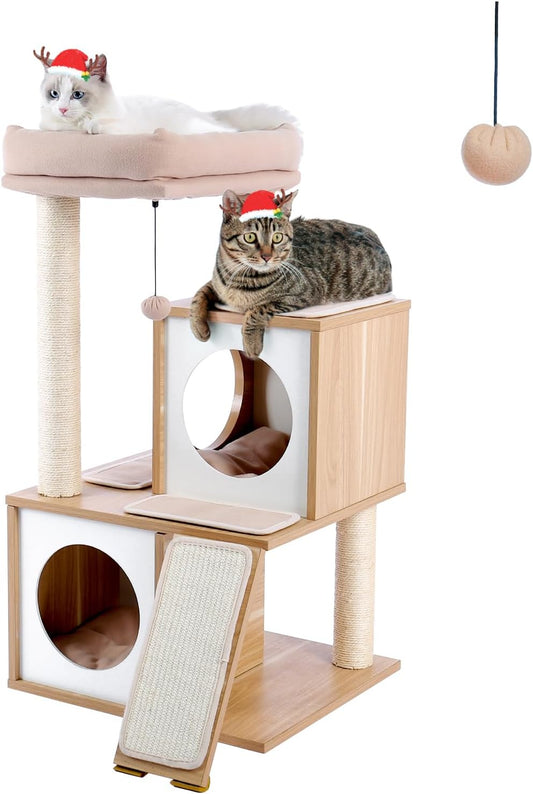 Wooden Cat Tree – Double Condos, Spacious Perch, Sisal-Wrapped Posts & Dangling Balls