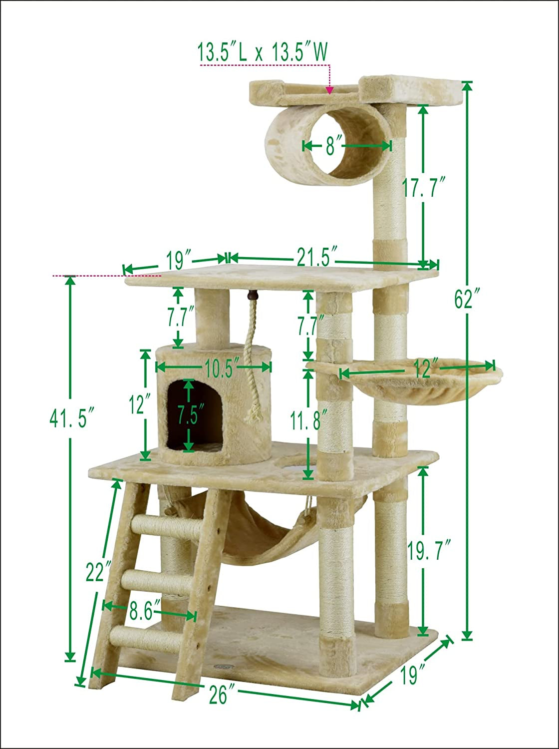 Classic Cat Tree – Beige Faux Fur with Sisal Rope Scratching Posts