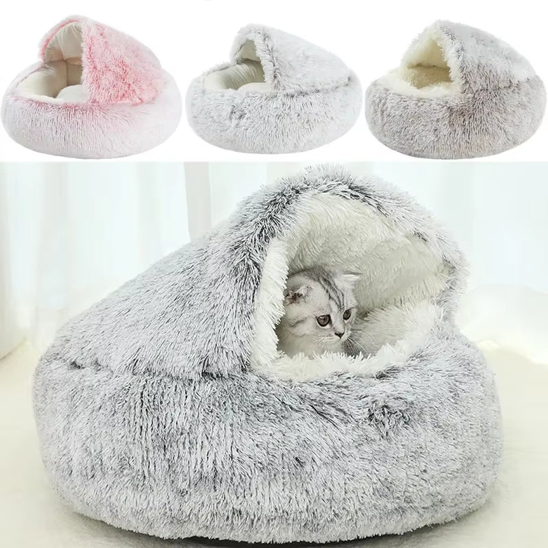 2-in-1 Winter Plush Round Cat Bed