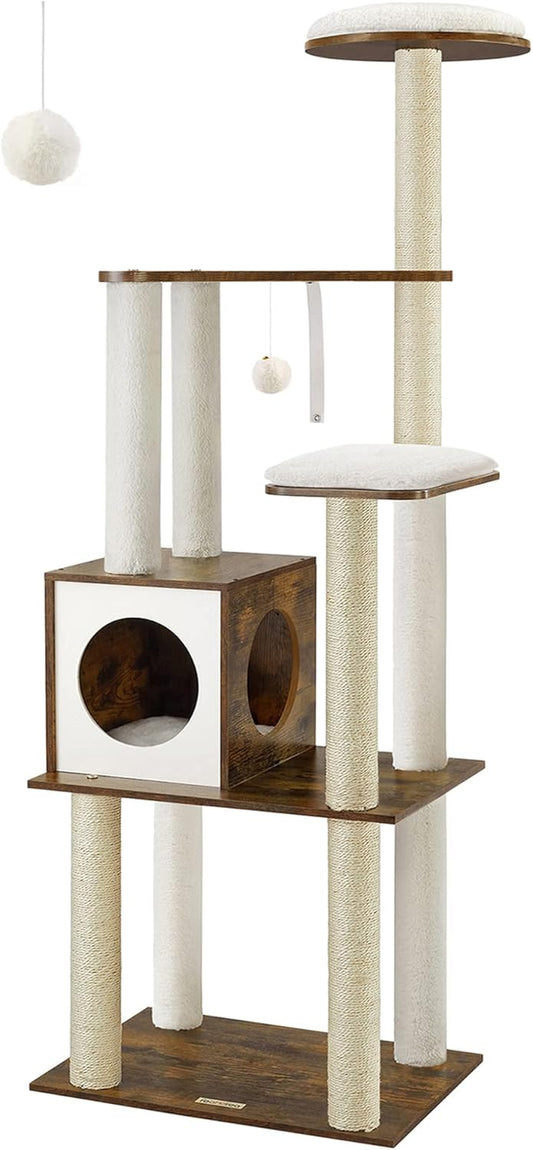 Modern Cat Tree – Multi-Level Condo with Perch, 5 Scratching Posts & Washable Cushions