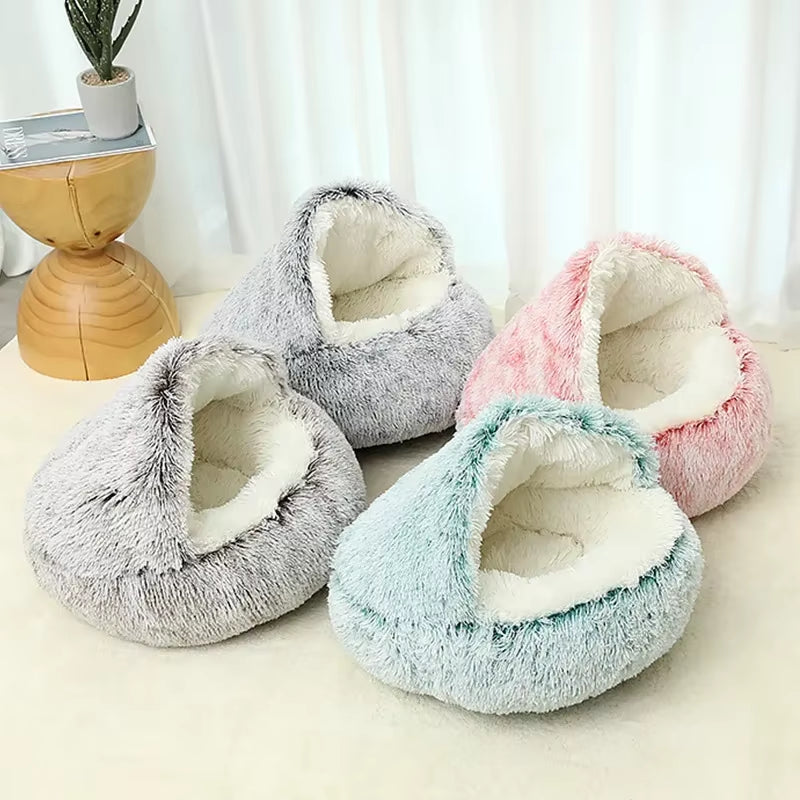 2-in-1 Winter Plush Round Cat Bed