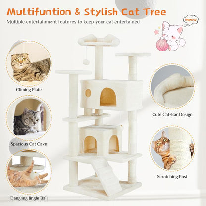 Modern Cat Tree Tower – Multi-Level Playhouse with Sisal Posts, Condo, Ladder, & Plush Toy